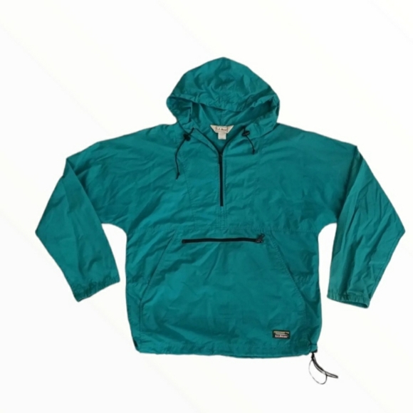 Vintage LL Bean women Large Green Anorak Nylon Windbreaker Hooded 1/4 Zip Jacket - Picture 1 of 7